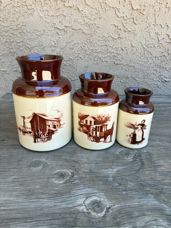 Mccoy Pottery Other - Vintage McCoy Pottery Canister Set Primitive Colonial Farmhouse Scene No Lids